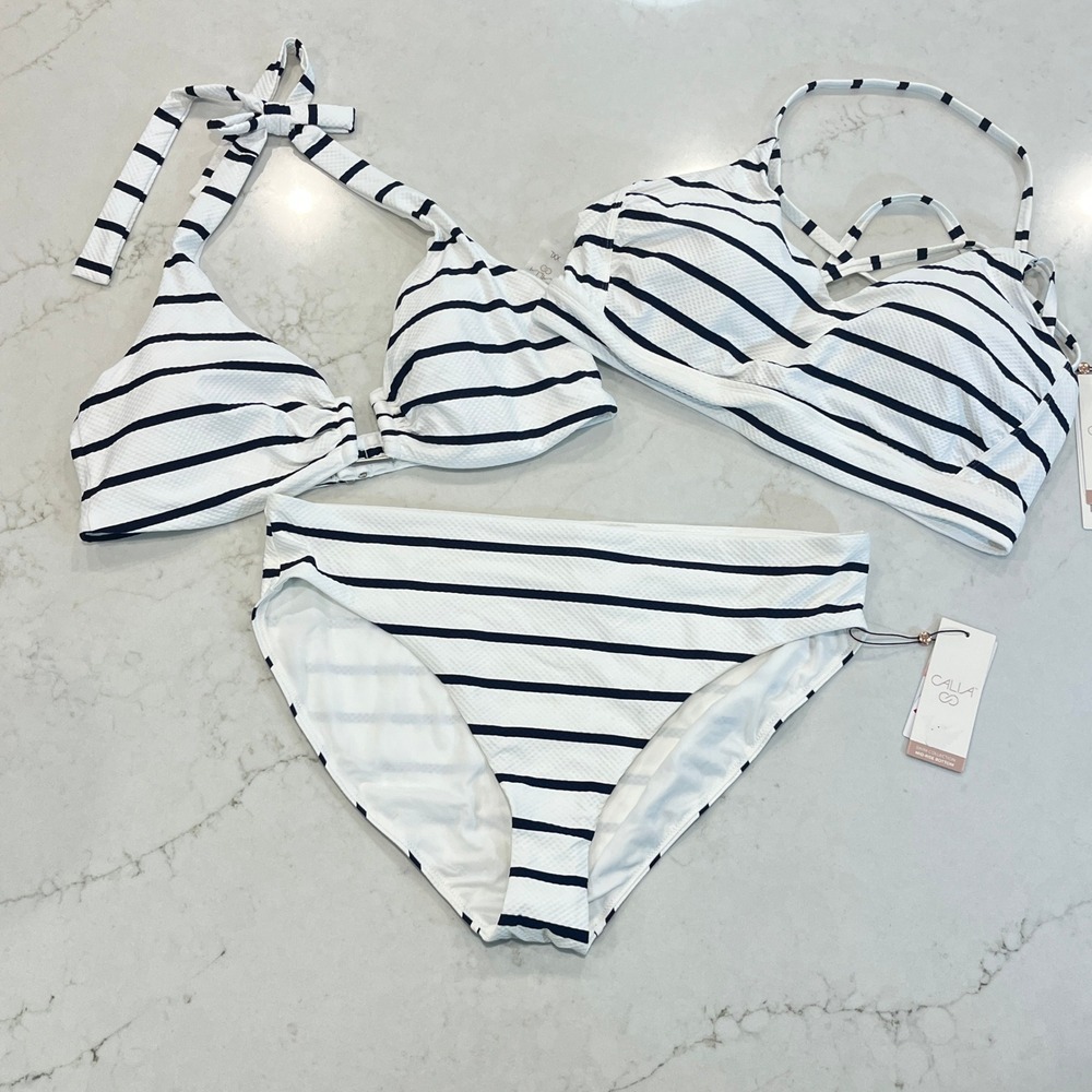 CALIA Bikini Set 2 Tops Womens XXL White Blue Striped Textured Nautical Preppy